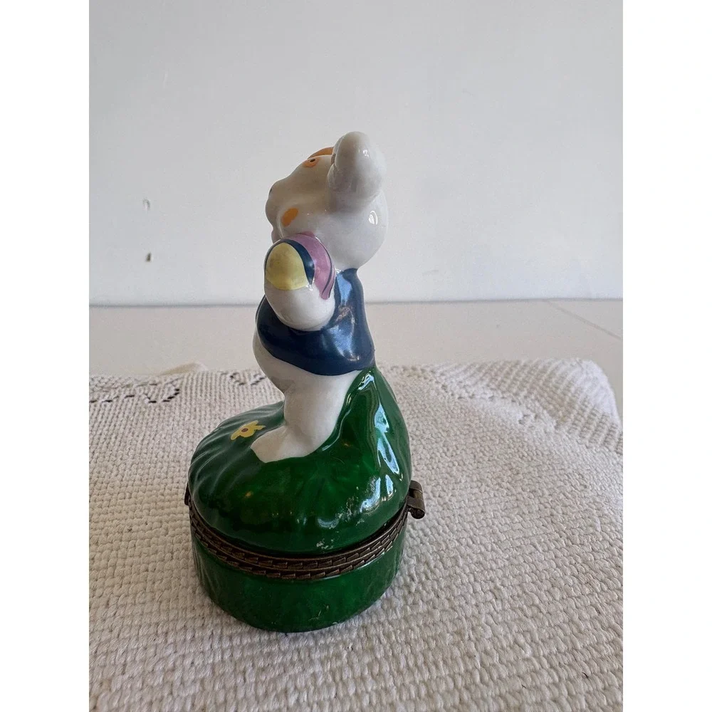 Vintage Easter Bunny Ceramic Trinket Box Hinged Rabbit with Easter Eggs 4 Inch